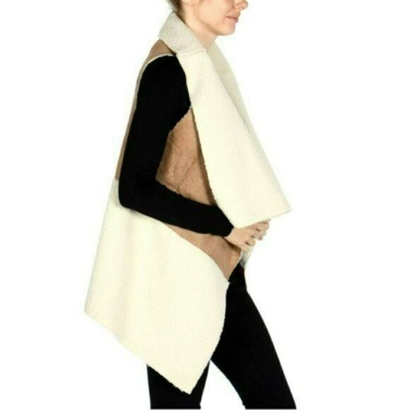 NWT Ellie & Kate Cozy Contrast Faux Sherpa Suede Open Front Vest - Picture 2 of 5